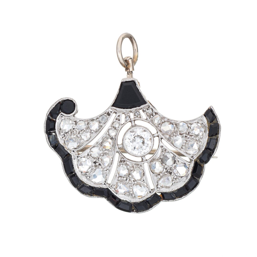 Vintage Art Deco Diamond Onyx Pendant Brooch Platinum Gold Fine Jewelry ...