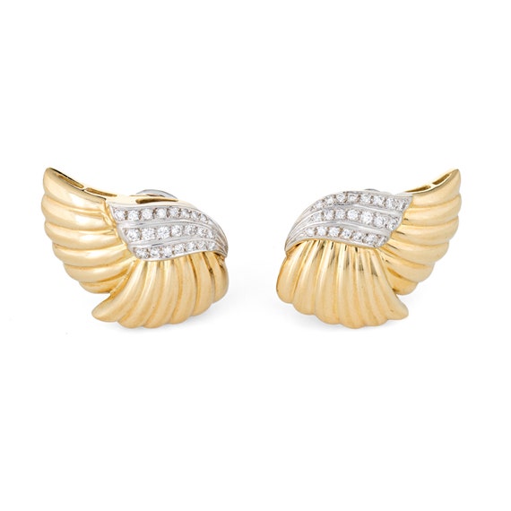 Vintage 80s Diamond Earrings Clip Cocktail 18k Ye… - image 1