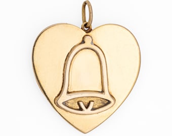 Colgante de campana de boda vintage con forma de corazón, c1976, gran amuleto, oro de 9 quilates, sellos del Reino Unido