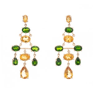 Citrine Chrome Diopside Earrings Estate 10k Yellow Gold Long Chandelier Drops