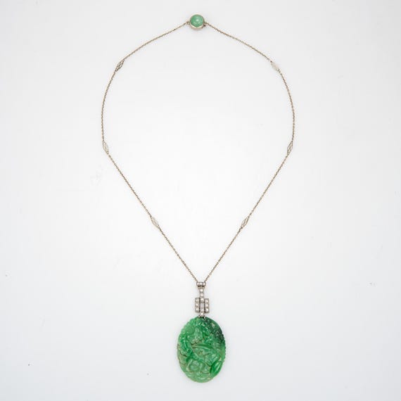 Vintage Art Deco Carved Jade Diamond Necklace Platinum 14k Gold 16