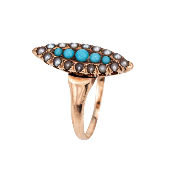 Antique Victorian Navette Ring Turquoise Seed Pea… - image 2