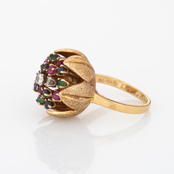 60s Diamond Gemstone Tulip Ring Vintage 18k Yello… - image 4