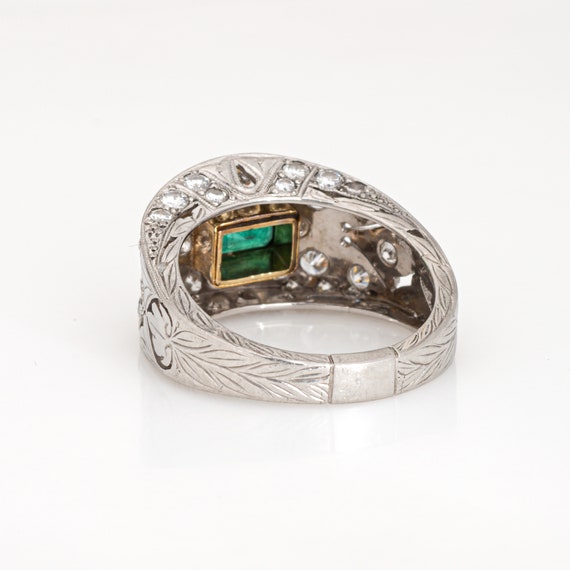 Emerald Diamond Ring Estate Etched Platinum Wide … - image 5