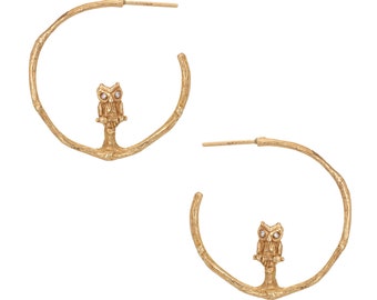 Vintage Owl Hoop Earrings 14k Yellow Gold Diamond Eyes 1 Inch Estate Jewelry