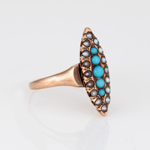 Antique Victorian Navette Ring Turquoise Seed Pea… - image 3