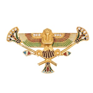 Egyptian Revival Pendant Brooch Pharaoh 18k Yellow Gold Diamond Enamel Art Deco