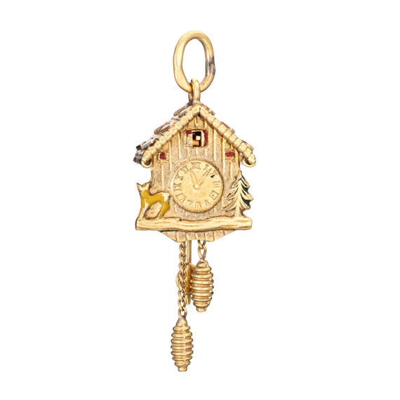 60s Vintage Cuckoo Clock Charm Moves 18k Yellow Gold Pendant Fine Jewelry