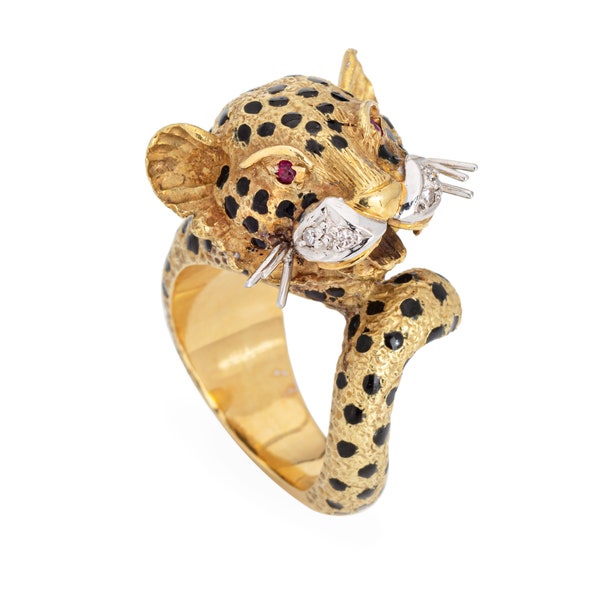 Leopard Ring Vintage 18k Yellow Gold Diamond Ruby Eyes Black Enamel Animal 5.75