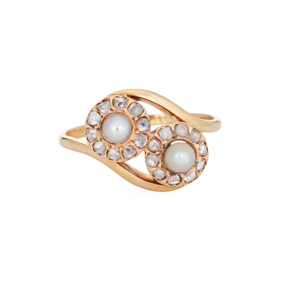 Vintage Art Deco Diamond Pearl Ring Moi et Toi 14… - image 1