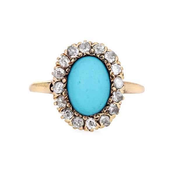 Antique Victorian Ring Turquoise Mine Diamond Cluster 14k Yellow Gold Halo 5.75