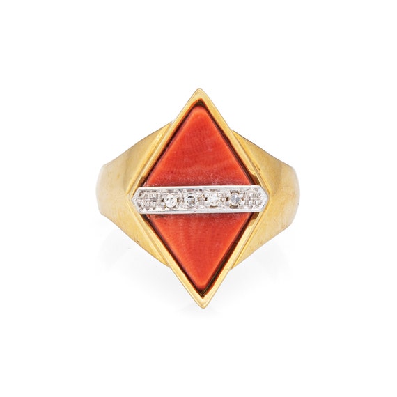 70s Coral Diamond Ring Triangle 18k Yellow Gold S… - image 1
