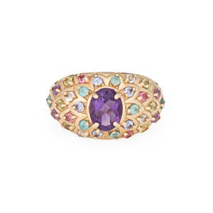 Vintage Peacock Ring Sz 7.5 Band Rainbow Gemstones 14k Yellow Gold Jewelry