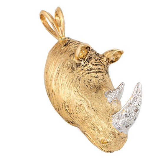 Rhinoceros Pendant Diamond Tusk Vintage 14k Yello… - image 1