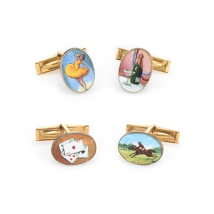 Camino a las ruinas Cufflinks Vintage 18k oro esmalte cartas de juego caballo racing