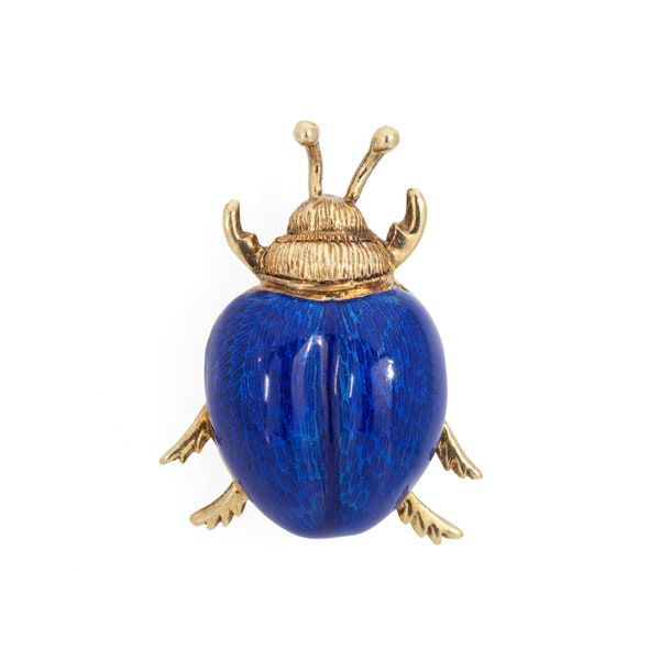 Vintage Beetle Brooch Blue Enamel 14k Yellow Gold Martine Estate Fine Jewelry