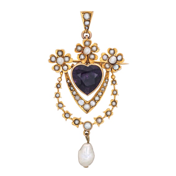 Antique Edwardian Pendant Brooch Amethyst Heart Pearl 9k Yellow Gold Jewelry