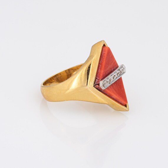 70s Coral Diamond Ring Triangle 18k Yellow Gold S… - image 3