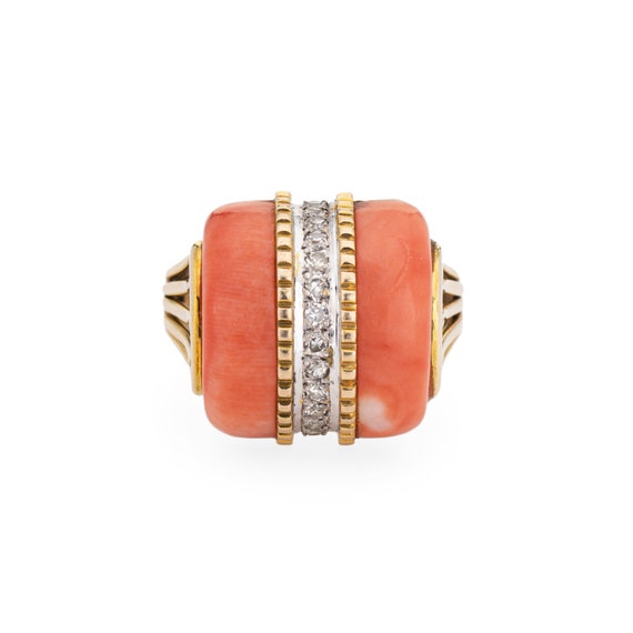 70s Coral Diamond Dome Ring Vintage 14k Yellow Go… - image 2