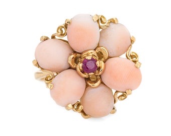 Angel Skin Coral Ruby Ring 70s Vintage 18k Yellow Gold Flower Jewelry Sz 5.5