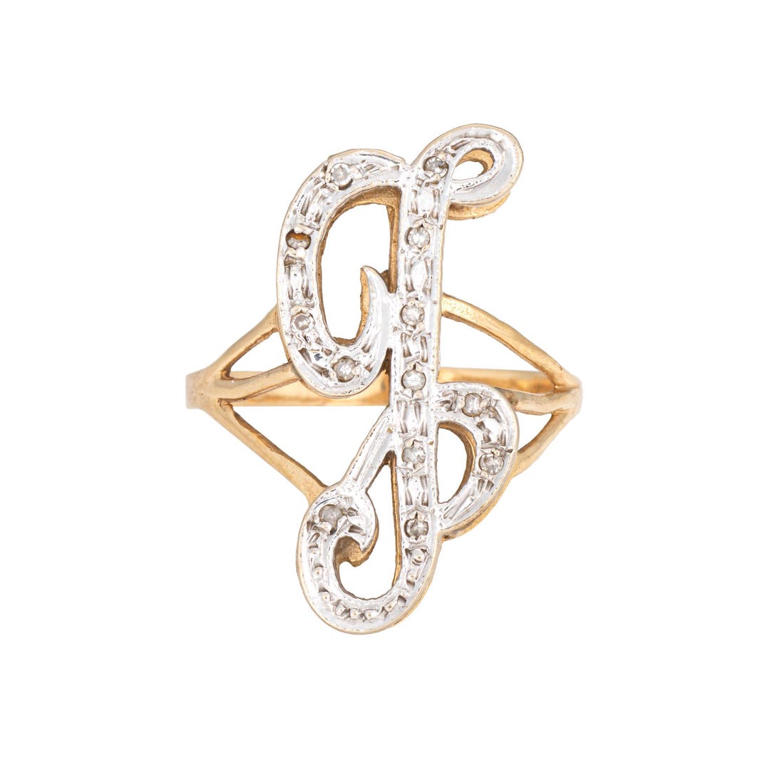 Letter G Diamond Initial Ring Vintage 14k Yellow Gold Sz 9.5 Estate ...