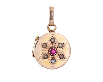 Antique Victorian Pendant Locket Pearl Ruby Star Small Charm 14k Rose Gold