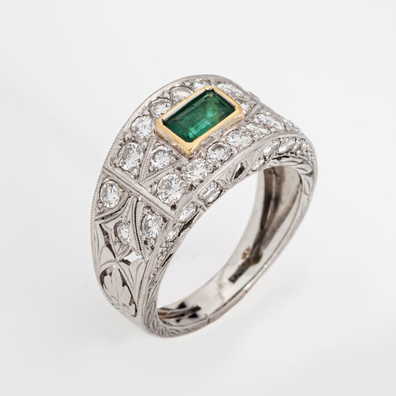 Emerald Diamond Ring Estate Etched Platinum Wide … - image 2