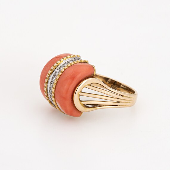 70s Coral Diamond Dome Ring Vintage 14k Yellow Go… - image 4