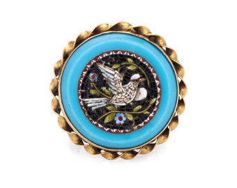 Micro Mosaic Bird Ring 60s Vintage 14k Yellow Gold Large Round Cocktail Ring