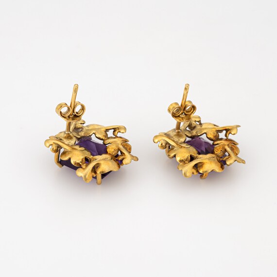 Vintage Amethyst Flower Earrings 18k Yellow Gold … - image 2