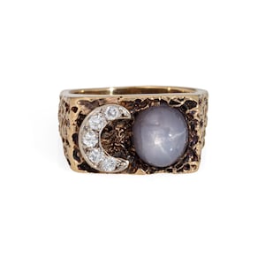 70s Diamond Crescent Moon Star Sapphire Ring Vintage 14k Yellow Gold Sz 8.75