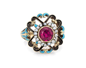Antique Edwardian Enamel Ring Vintage 14k Yellow Gold Seed Pearls Sz 2.5