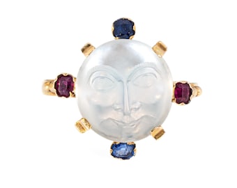 Antique Victorian Man in the Moon Moonstone Gemstone Rings 14k Yellow Gold 6.75