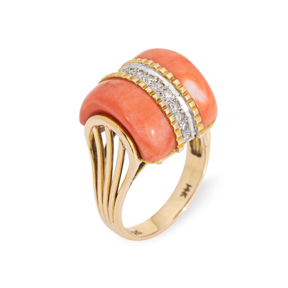 70s Coral Diamond Dome Ring Vintage 14k Yellow Go… - image 1