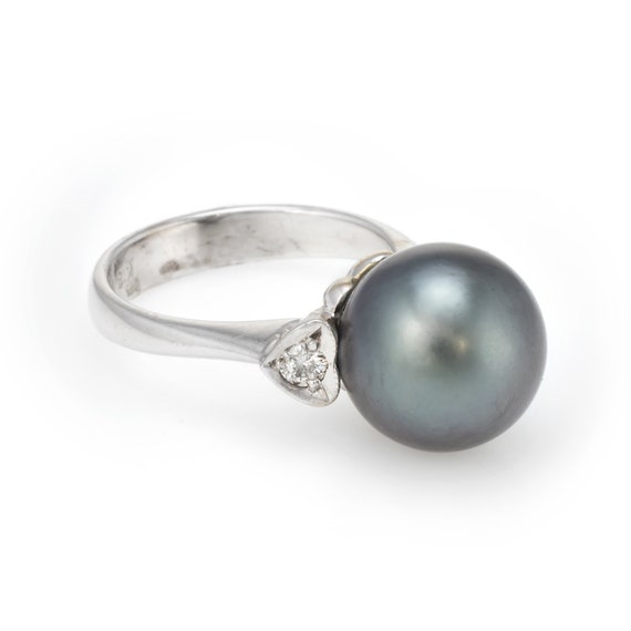 Cultured Tahitian Black Pearl Diamond Heart Ring Vintage 18k | Etsy