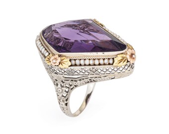 c1920 Vintage Art Deco Amethyst Ring Pearl Filigree 18k White Gold Oval Sz 8