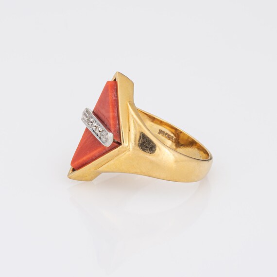 70s Coral Diamond Ring Triangle 18k Yellow Gold S… - image 4