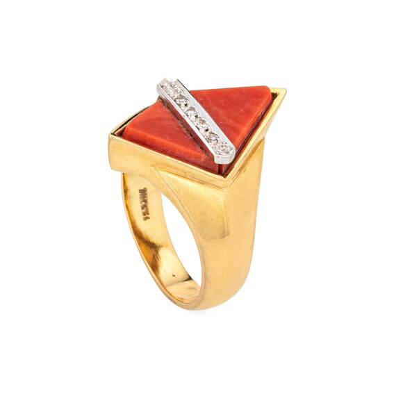 70s Coral Diamond Ring Triangle 18k Yellow Gold S… - image 2