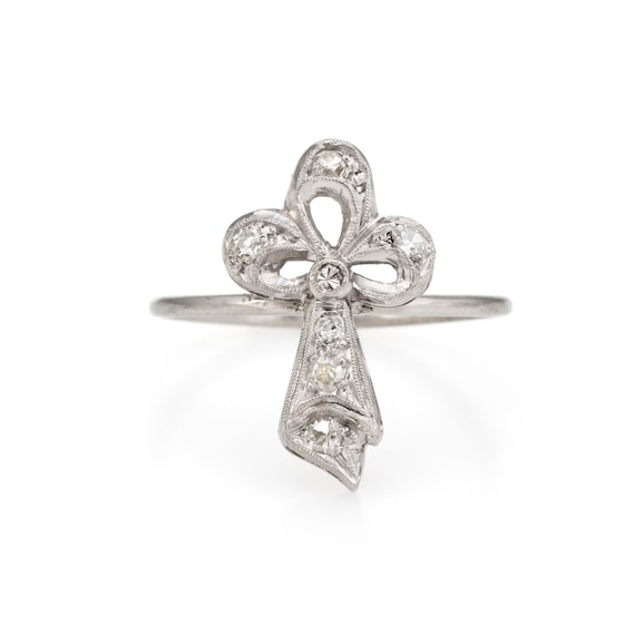 Antique Clover Conversion Ring Art Deco Diamond 1… - image 1