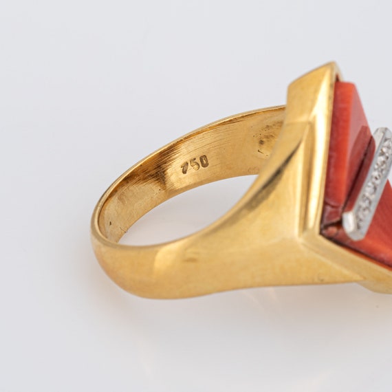 70s Coral Diamond Ring Triangle 18k Yellow Gold S… - image 7