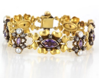Art Deco 18 Karat Yellow Gold Amethyst Diamond Cultured Pearl Bracelet