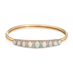 Antique Victorian Opal Diamond Bangle Bracelet 14k Yellow Gold Fine Jewelry