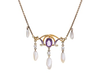 Antique Art Nouveau Necklace 14k Gold Amethyst Sawtooth Pearl Enamel Vintage