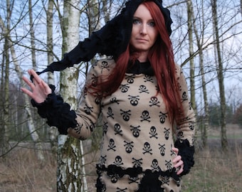 Skull Witch Goth Recycled Sweater Hoodie Top Fairy Pixie Elven Dryad Nymph Boho Hippie Gypsy Pagan Woodland Top OOAK Hoodie Sweater