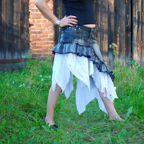 Recycled Boho Denim Ruffle Skirt Hippie Gypsy Upcycled Patchwork Skirt Goth Cotton Skirt Festival Clothing OOAK Pixie Fairy Elf Asymmetrical