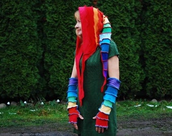 Recycled Wool Pixie Fairy Elven Pointy Hooded Scarf Nymph Dryad Gnome Scoodie Hippie Boho Gypsy Dreadlock Hat Festival Clothing Rainbow Hat