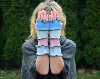 Recycled Wool Sweaters Mittens Fingerless Gloves Arm Warmers Armwarmers Cuffs OOAK Hand Warmers Woodland Fantasy Long Arm Warmers Grey Blue