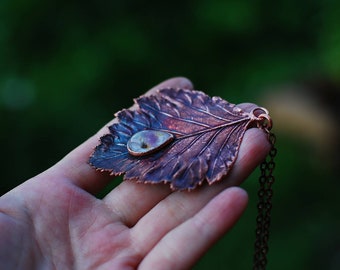 Copper Real Hawthorn Leaf and Amethyst in Resin Pendant Electroformed Necklace Fairy Pixie Elf Nymph Dryad Boho Gypsy Woodland Gift fo Her