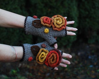 Arm Warmers Crochet Wool Mittens Fingerless Gloves Armwarmers Cuffs Boho Hippie Gypsy OOAK Hand Warmers Woodland Fantasy Pixie Fairy Elf
