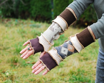 Recycled Wool Sweaters Mittens Fingerless Gloves Arm Warmers Armwarmers Cuffs OOAK Hand Warmers Woodland Fantasy Long Arm Warmers Beige